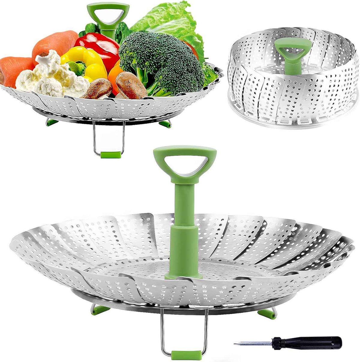 Consevisen Vegetable Steamer Basket for Cooking Food, Stainless Steel Veggie Steam Basket for Pot, Folding Expandable Steaming Insert with Extendable Handle Fits Various Size Pot, 5.1" to 9"