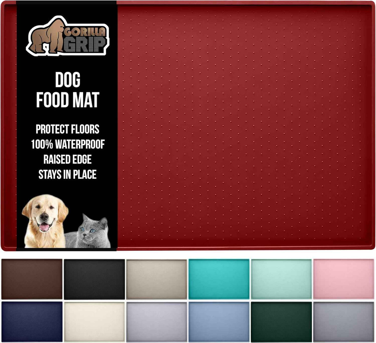 GORILLA GRIP 100% Waterproof Raised Edge BPA Free Silicone Pet Feeding Mat, Dog Cat Food Mats Contain Spills Protects Floors, Placemats for Cats and Dogs Water Bowl, Pets Accessories 18.5x11.5 Gray