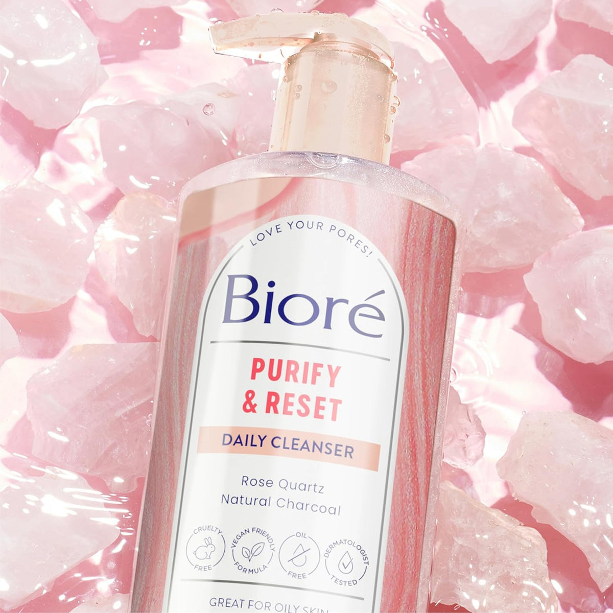 Bioré Rose Quartz + Charcoal Daily Purifying Cleanser, Oil Free Facial Cleanser Energizes Skin, Dermatologist Tested and Cruelty Free, 6.77 oz