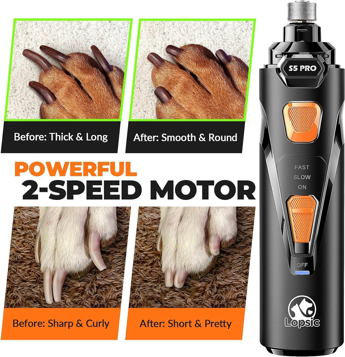 Dog Nail Grinder with 2 LED Lights Powerful 2 Speeds Super Quiet Dog Nail Trimmers with 3 Grinding Wheels Rechargeable Pet Dog Nail Clippers for Large Medium Puppy Dogs Dog Nail File Cat Nail Clipper