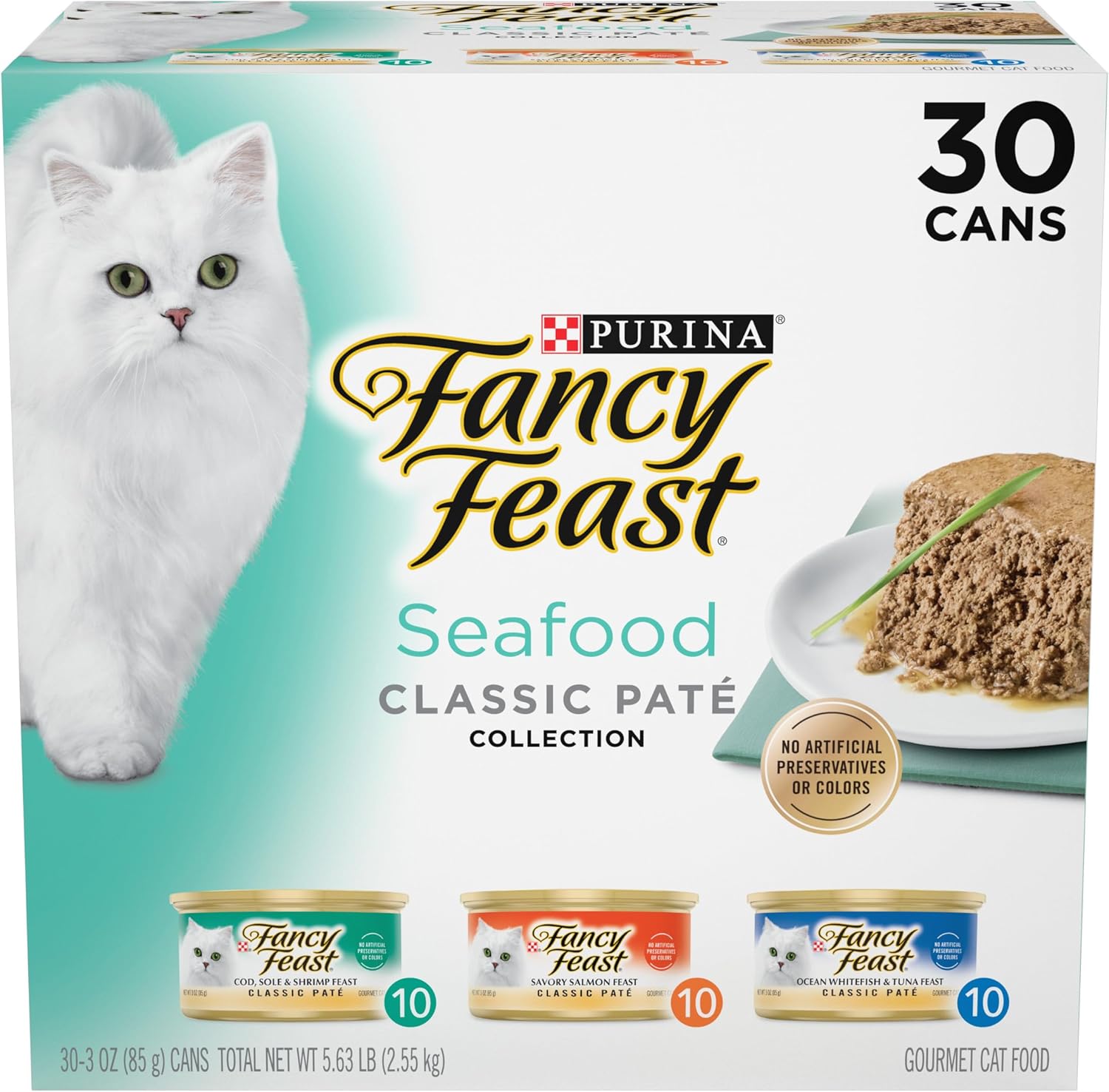 PLrina Fancy Feast Seafood Classic Pate Collection Grain Free Wet Cat Food Variety Pack - (Pack of 30) 3 oz. Cans