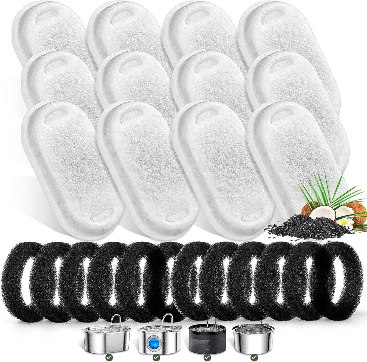 Cat Water Fountain Filters for Stainless Steel 67oz/2L Adjustable Water Flow Pet Fountain, 8 Pack Pet Replacement Filters with 8 Sponges