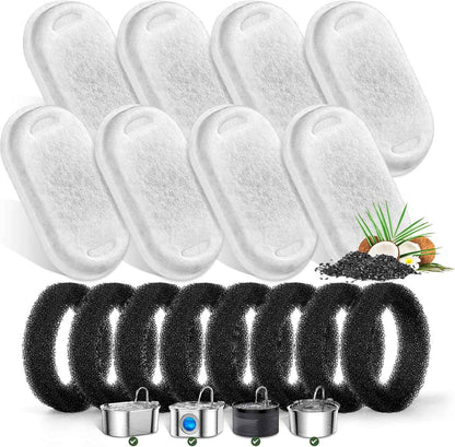 Cat Water Fountain Filters for Stainless Steel 67oz/2L Adjustable Water Flow Pet Fountain, 8 Pack Pet Replacement Filters with 8 Sponges