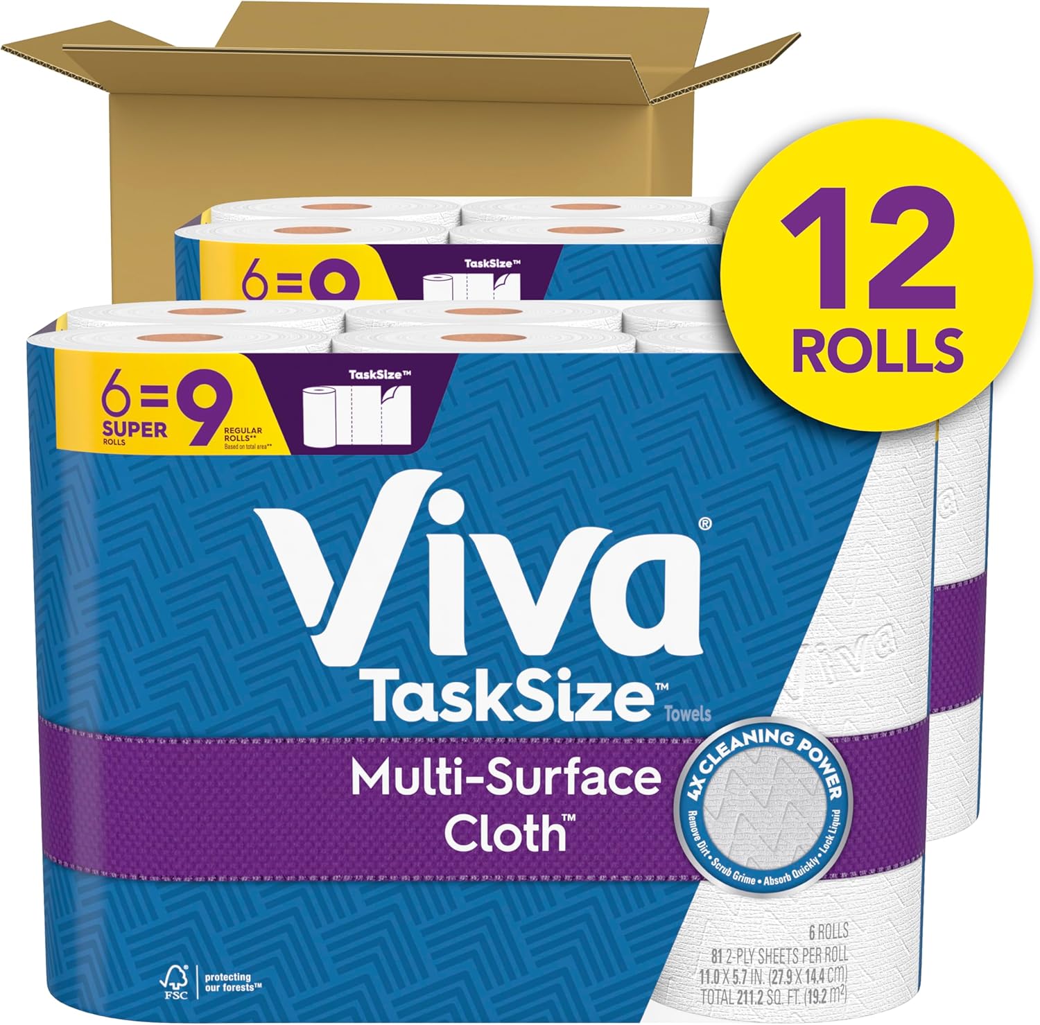 Viva Multi-Surface Cloth Paper Towels, Task Size - 12 Super Rolls (2 Packs of 6) - 81 Sheets Per Roll - Zynora