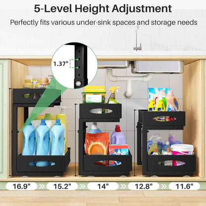 Under Sink Organizer, 2 Tier Pull out Cabinet Organizer Baskets with Mesh Sliding Drawers, Slide out Storage Shelf for Home, Kitchen, Bathroom, Pantry, Office Cabinet, Countertop(1 Pack)