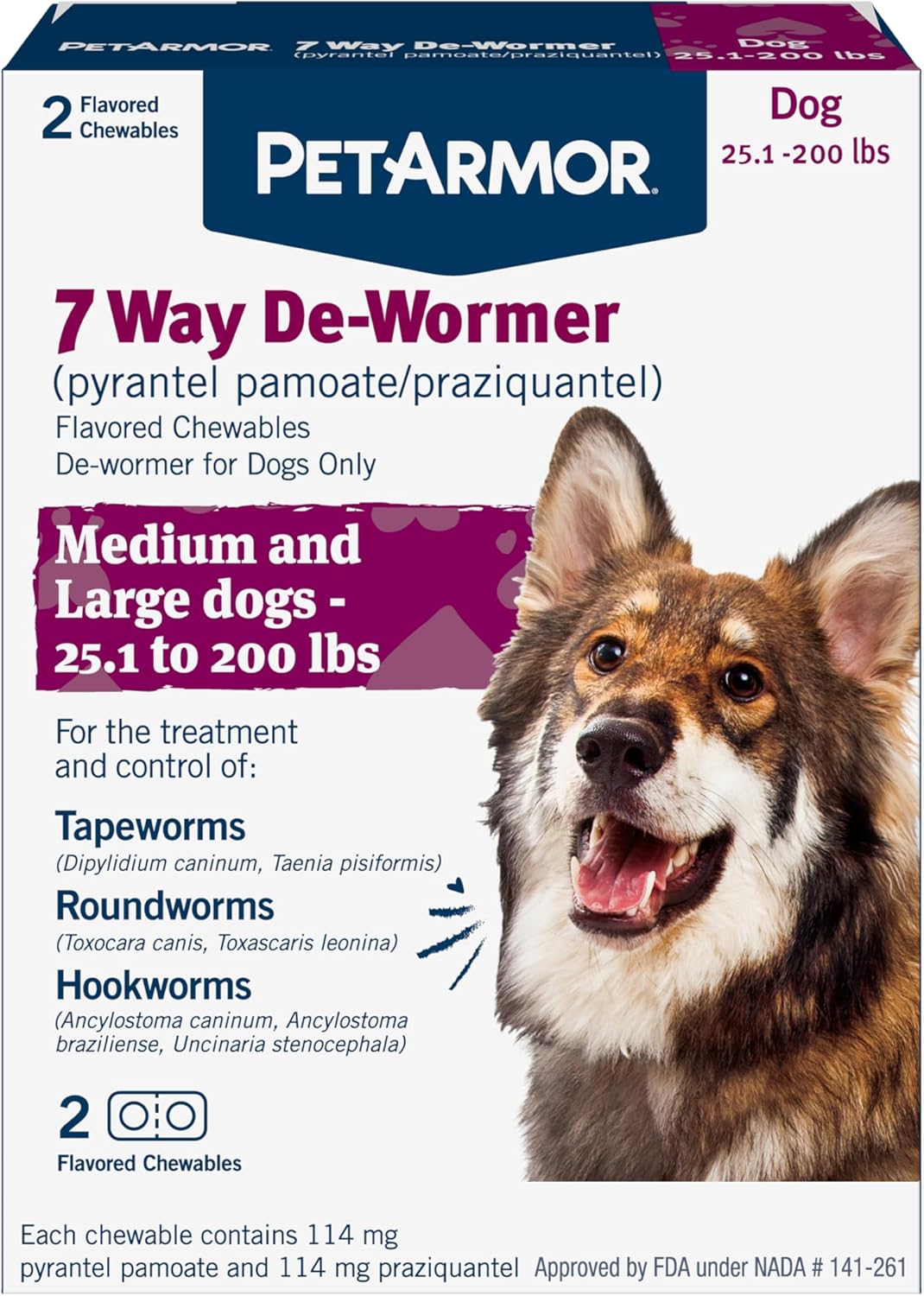 PetArmor 7 Way De-Wormer for Dogs, Oral Treatment for Tapeworm, Roundworm & Hookworm in Large Dogs & PLppies (Over 25 lbs), Worm Remover, PLppy Dewormer (Praziquantel & Pyrantel Pamoate), 2 Chewables