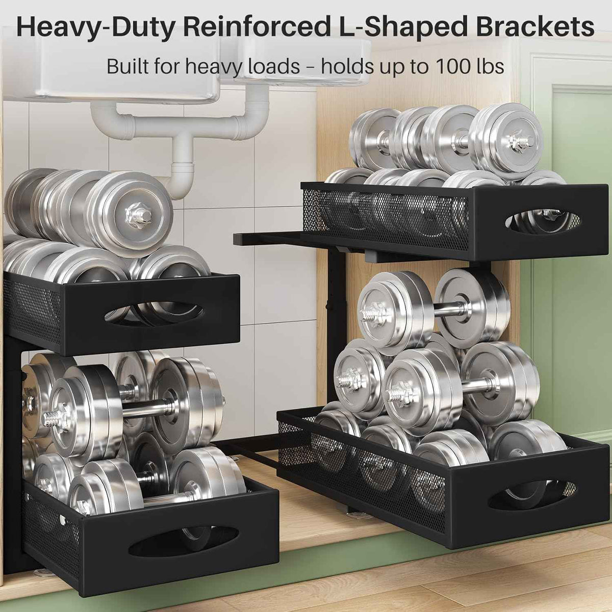 Under Sink Organizer with 2 Tier Pull-Out Cabinet Organizer Baskets and Mesh Sliding Drawers for Home, Kitchen, Bathroom, Pantry, Office