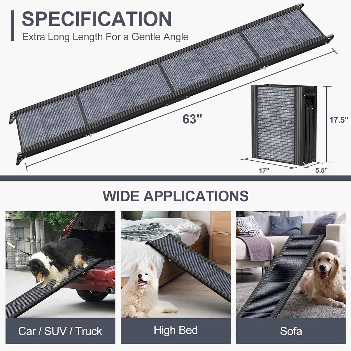 Dog Ramp for Car 63" Long & 17" Wide Portable Dog Ramps for Large Dogs with Non-Slip Rug Surface Dog Car Ramp for SUV Car & Truck, Folding Dog Ramp Up to 250LBS