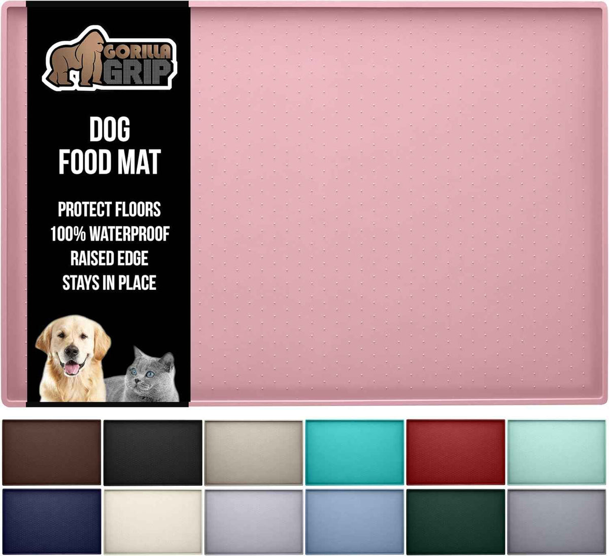 GORILLA GRIP 100% Waterproof Raised Edge BPA Free Silicone Pet Feeding Mat, Dog Cat Food Mats Contain Spills Protects Floors, Placemats for Cats and Dogs Water Bowl, Pets Accessories 18.5x11.5 Gray