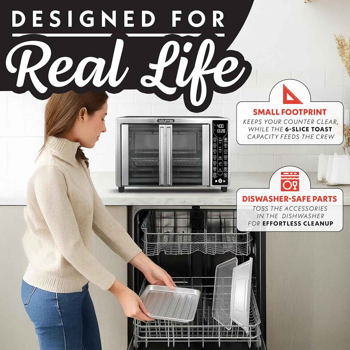 Gourmia French Door Air Fryer – 25 Qt Large Capacity Convection Oven, Fryfroce 360°, Digital Display with 17 Cooking Presets, Bake, Toast, Roast, Dehydrate, Fits 12” Pizza