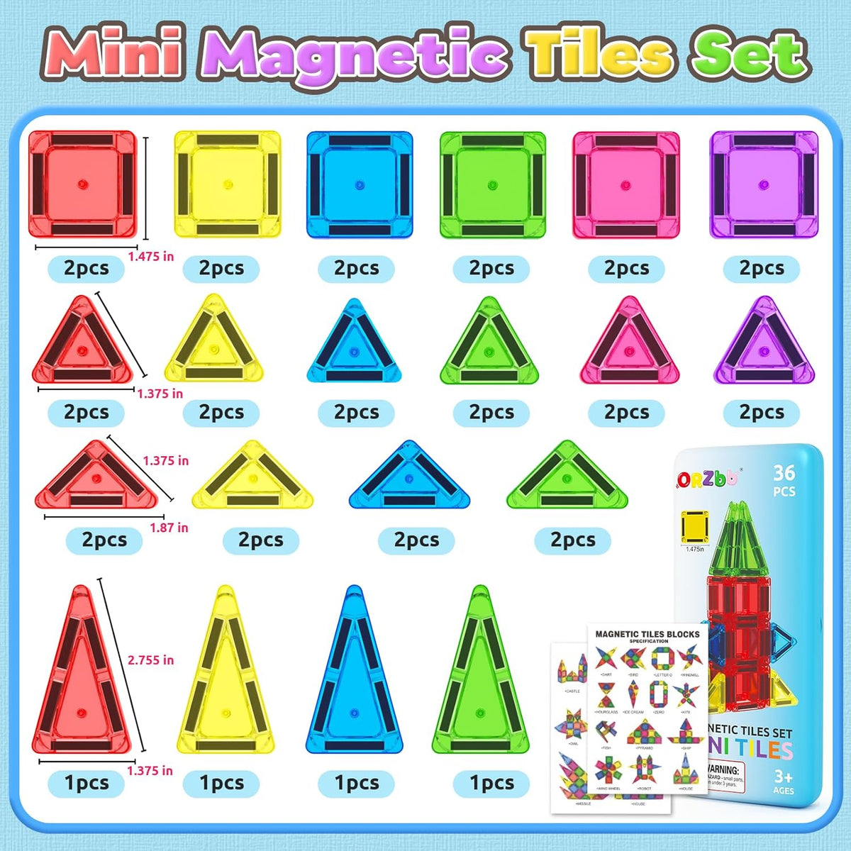 Magnetic Tiles Mini Travel Toddler Set, Magnetic Blocks Building Kids Toys & Games, Montessori Preschool Classroom Must Haves Educational Learning Sensory Toys for 3+ Year Old Boys Girls Birthday Gift