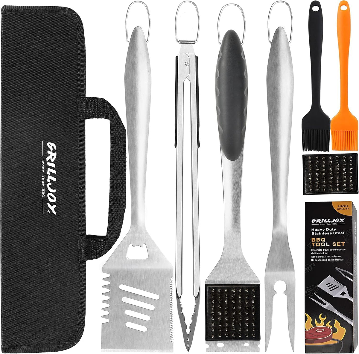 grilljoy 8PCS BBQ Grill Tools Set with Extra Thick Stainless Steel Spatula, Fork, Tongs & Cleaning Brush - Complete Barbecue Accessories Kit with Portable Bag - Perfect Grill Gifts for Men Black