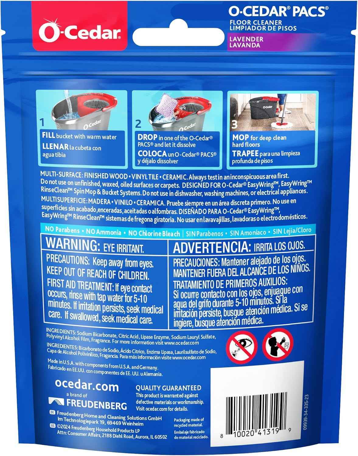 O-Cedar PACS Hard Floor Cleaner, Lavender Scent 10 Count (1-Pack) | Made with Naturally-Derived Ingredients | Safe to Use on All Hard Floors | Perfect for Mop Buckets