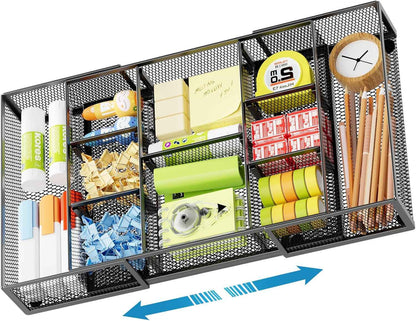 Marbrasse Expandable Desk Drawer Organizer, Mesh Drawer Organizer Tray with 10 Adjustable Compartments, Desk Organizers and Accessories, 5 Dividers Drawer for Office Supplies, Makeup & Vanity (Black)