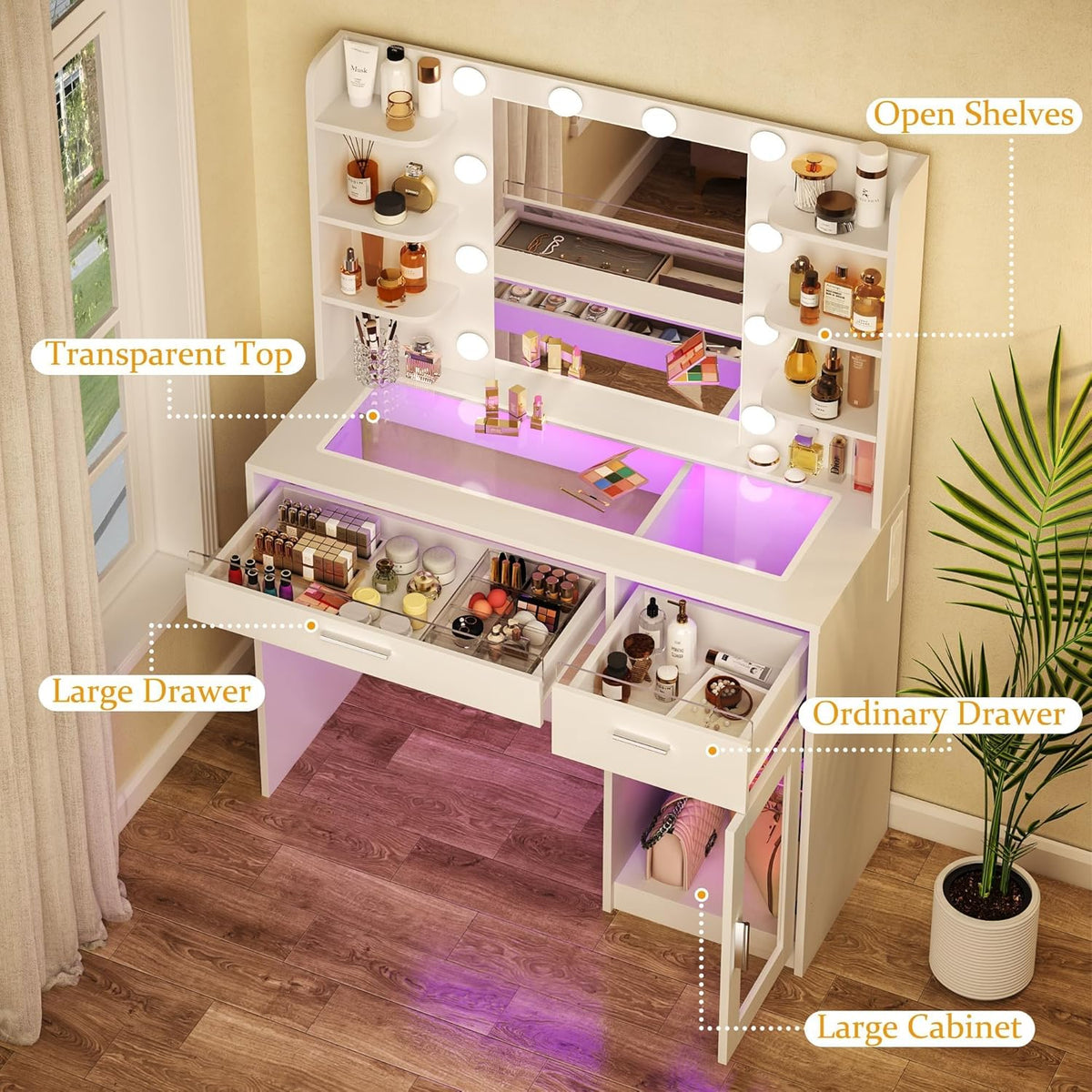 Vanity Desk with Mirror and Lights, Makeup Vanity Desk with Lights 3 Colors, Transparent Top Vanity with 2 RGB Drawers, 6 Shelves, Large Tempered Cabinet, Power Outlet, for Bedroom, White