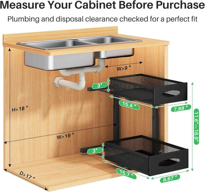 Under Sink Organizer with 2 Tier Pull-Out Cabinet Organizer Baskets and Mesh Sliding Drawers for Home, Kitchen, Bathroom, Pantry, Office