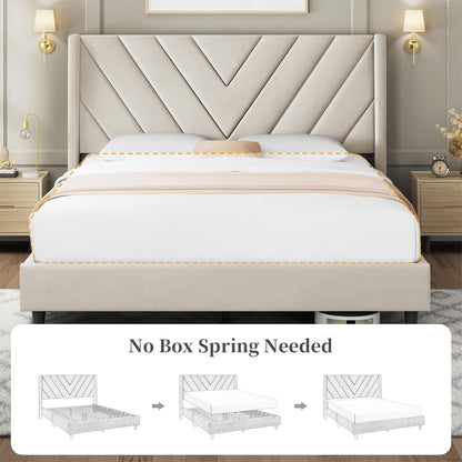 Yaheetech Queen Bed Frame Upholstered Platform Bed with Wing Side/Wooden Slat Support/Tufted Headboard with Wing Side/Mattress Foundation/No Box Spring Needed,Beige Queen Bed