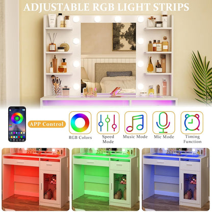 Vanity Desk with Mirror and Lights, Makeup Vanity Desk with Lights 3 Colors, Transparent Top Vanity with 2 RGB Drawers, 6 Shelves, Large Tempered Cabinet, Power Outlet, for Bedroom, White
