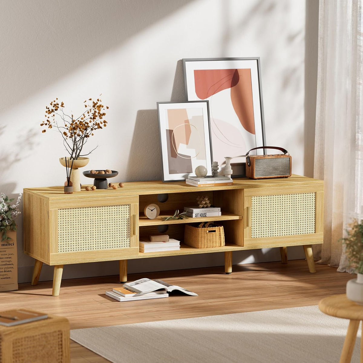 SUPERJARE Boho TV Stand for 65 Inch TV, Entertainment Center with Adjustable Shelf, Rattan TV Console with 2 Cabinets, Media Console, Solid Wood Feet, 4 Cord Holes, for Living Room - Natural, 8782T
