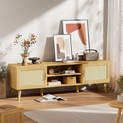 SUPERJARE Boho TV Stand for 65 Inch TV, Entertainment Center with Adjustable Shelf, Rattan TV Console with 2 Cabinets, Media Console, Solid Wood Feet, 4 Cord Holes, for Living Room - Natural, 8782T