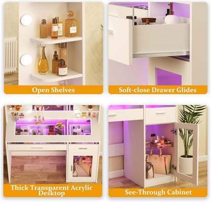 Vanity Desk with Mirror and Lights, Makeup Vanity Desk with Lights 3 Colors, Transparent Top Vanity with 2 RGB Drawers, 6 Shelves, Large Tempered Cabinet, Power Outlet, for Bedroom, White