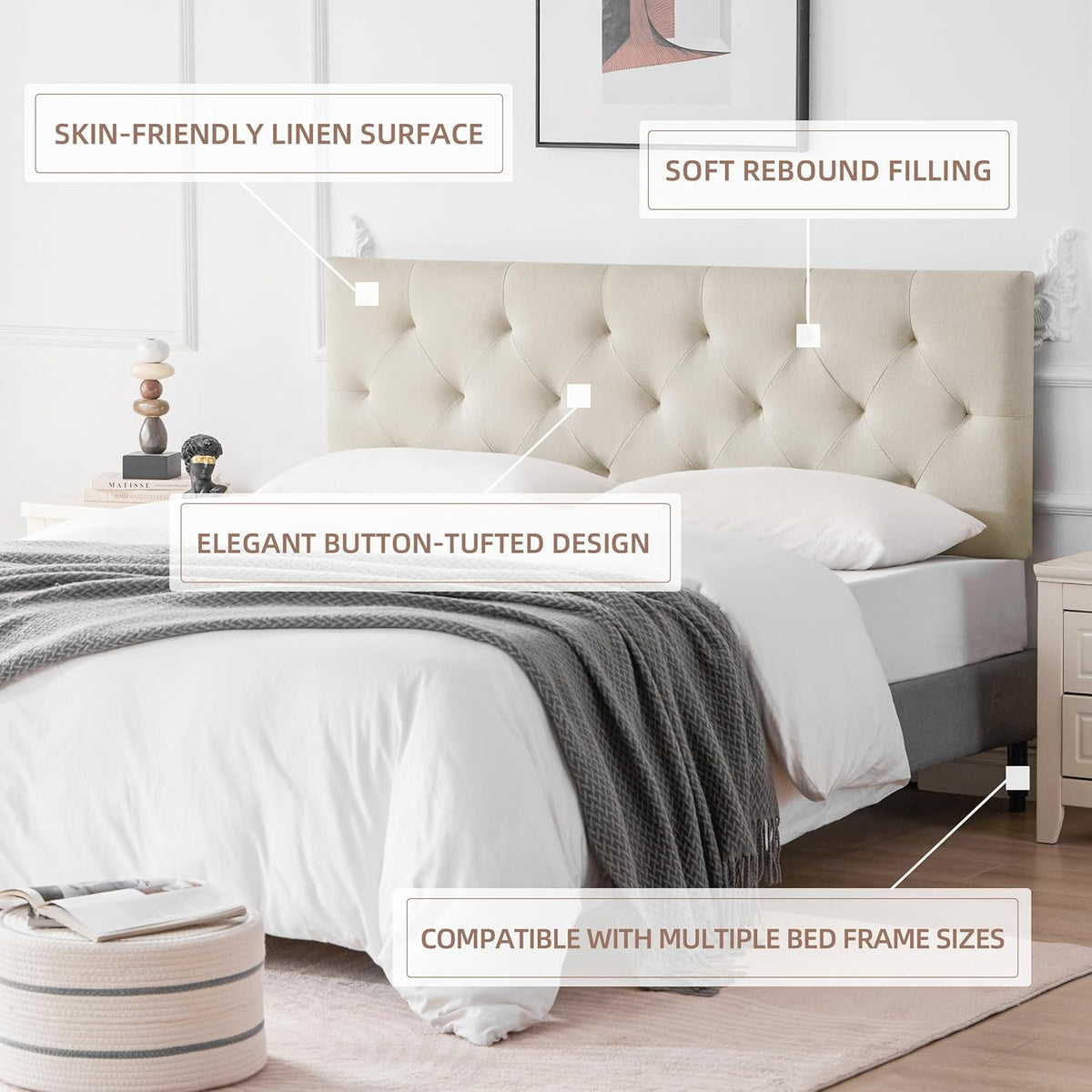 Linen Fabric Upholstered Headboard Queen Size, Modern Diamond Tufting Solid Wood Queen Headboard Only, Adjustable Height from 37” to 51” Head Board, Bed Frame or Wall Mount Headboards, Beige