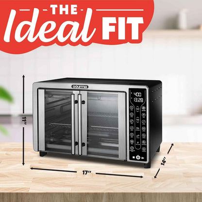 Gourmia French Door Air Fryer – 25 Qt Large Capacity Convection Oven, Fryfroce 360°, Digital Display with 17 Cooking Presets, Bake, Toast, Roast, Dehydrate, Fits 12” Pizza