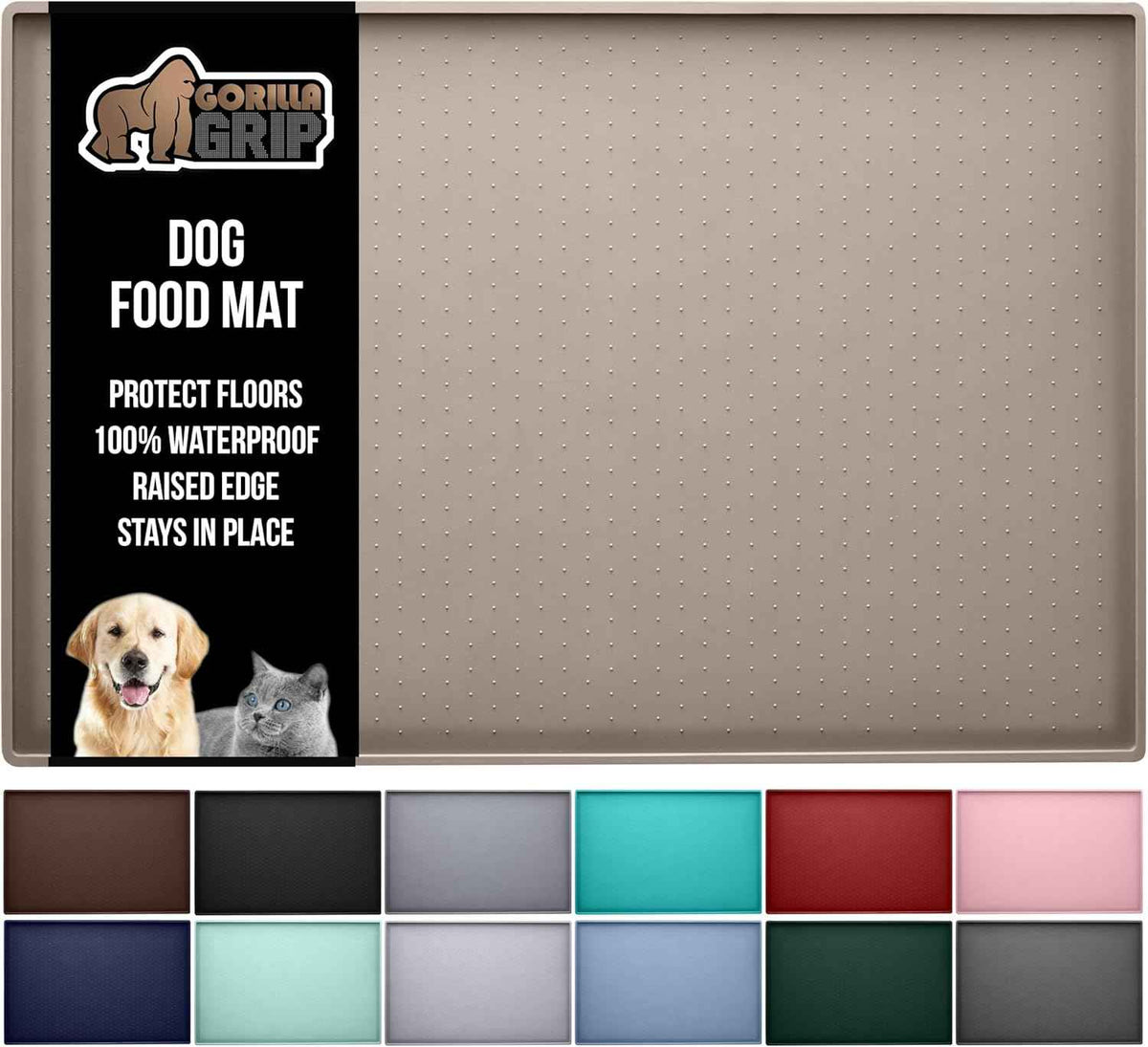 GORILLA GRIP 100% Waterproof Raised Edge BPA Free Silicone Pet Feeding Mat, Dog Cat Food Mats Contain Spills Protects Floors, Placemats for Cats and Dogs Water Bowl, Pets Accessories 18.5x11.5 Gray