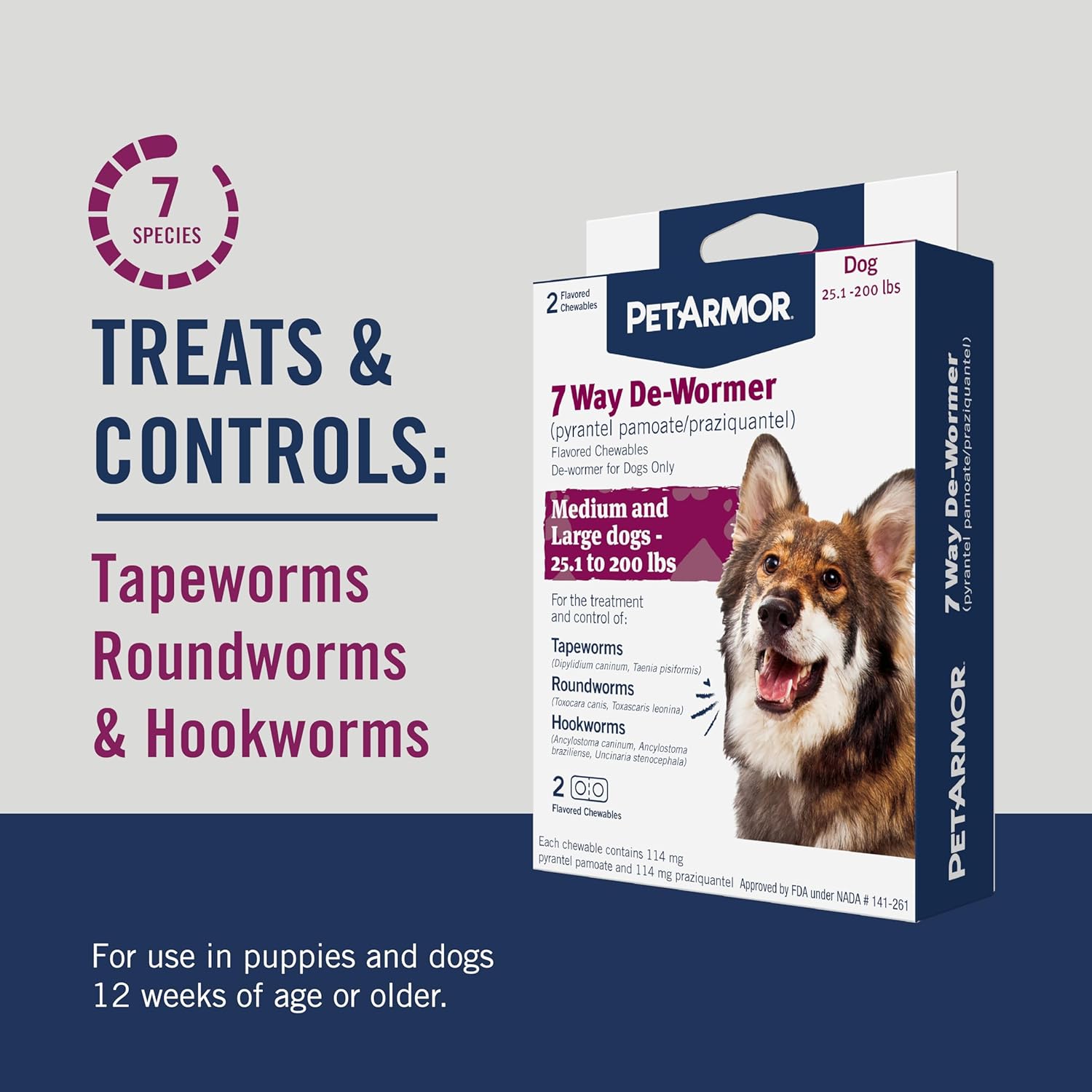 PetArmor 7 Way De-Wormer for Dogs, Oral Treatment for Tapeworm, Roundworm & Hookworm in Large Dogs & PLppies (Over 25 lbs), Worm Remover, PLppy Dewormer (Praziquantel & Pyrantel Pamoate), 2 Chewables