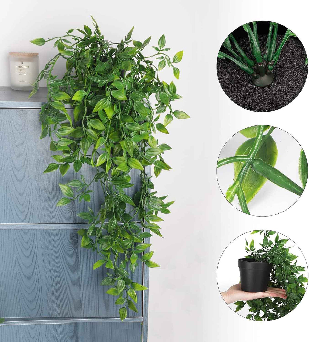 Whonline Fake Hanging Plants, Artificial Small Potted Plants for Indoor Outdoor Aesthetic Office Living Room Shelf Decor (1 Pack)