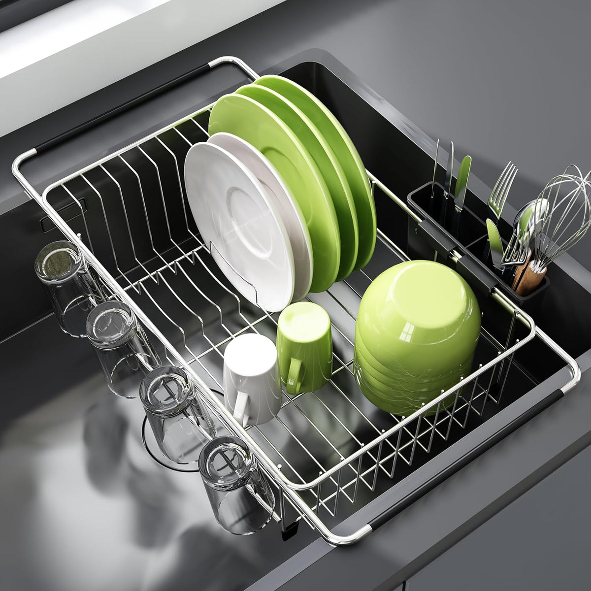 Dish Drying Rack in Sink, Expandable Stainless Steel Dish Drainers for Kitchen Counter, Dish Dryer Rack for Inside Sink, Over The Sink Dish Racks with Utensil Holder, Silver