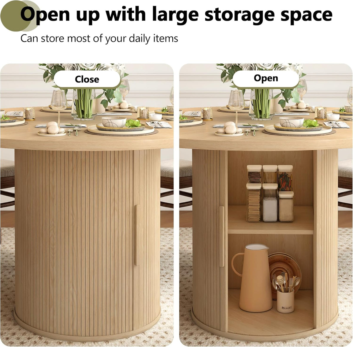 47 inch Round Dining Table for 4, Kitchen Table Dinner Table with 2-Layer Storage Shelf and Wood Slide Door for Home Dining Room Living Room (Natural)