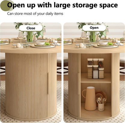 47 inch Round Dining Table for 4, Kitchen Table Dinner Table with 2-Layer Storage Shelf and Wood Slide Door for Home Dining Room Living Room (Natural)