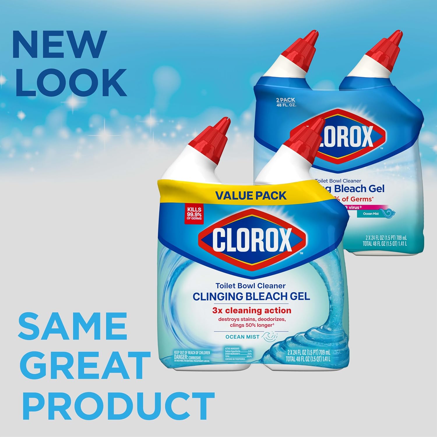 CLOROX Toilet Bowl Cleaner Clinging Bleach Gel, Ocean Mist, 24 Fl Oz, Pack of 2 (Package May Vary) - Zynora