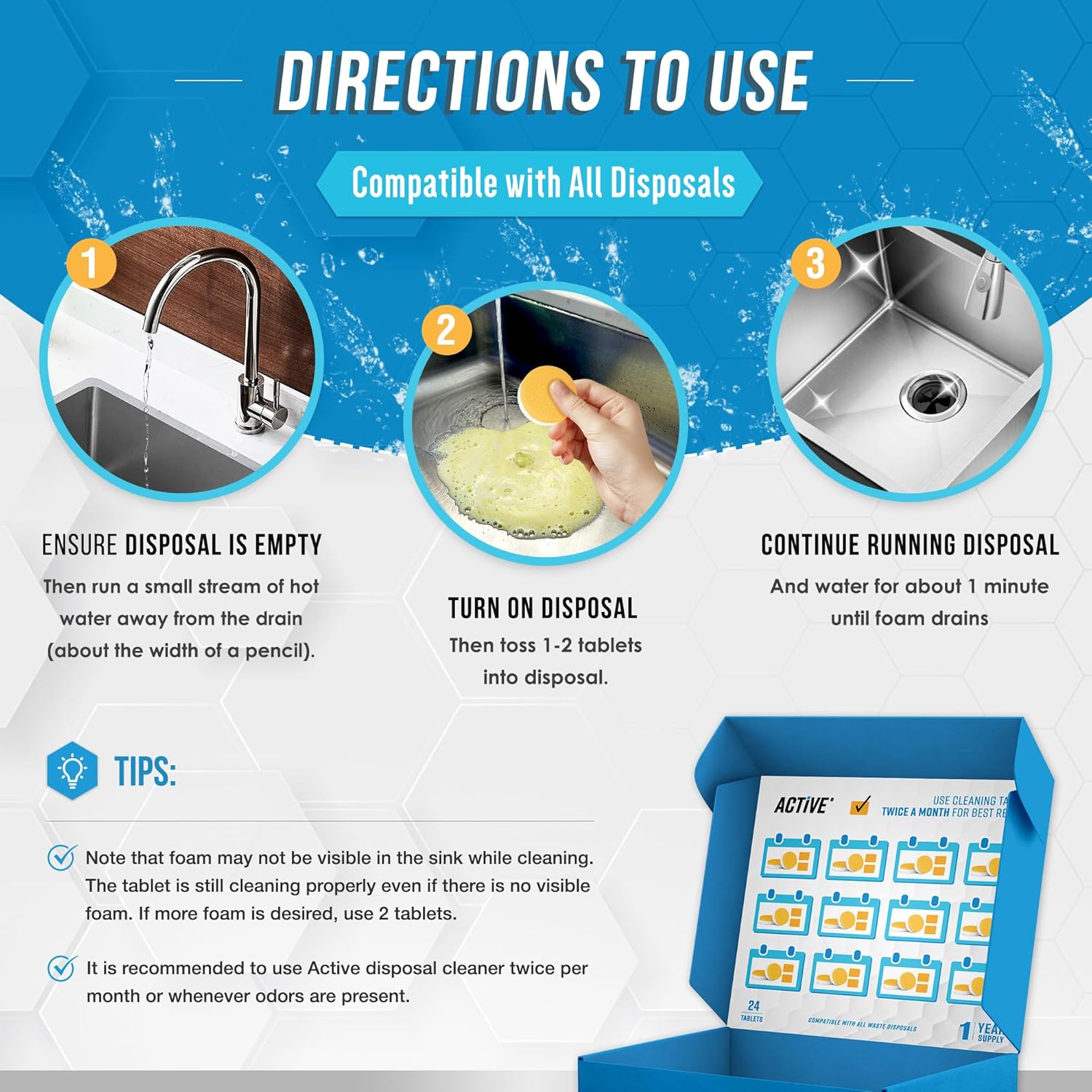 Garbage Disposal Cleaner Deodorizer Tablets - 24 Pack, New Powerful XL Foaming Tablet - Fresh Citrus Foam Sink Garburator Disposer Freshener, Natural Kitchen Drain Cleaning Care - 1 Year Supply - Zynora