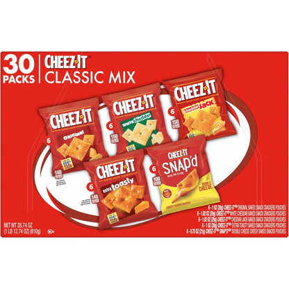 Cheez-It Original, Extra Toasty, Cheddar Jack, White Cheddar, and Cheez-It Snap'd Double Cheese Baked Snack Crackers Variety Pack, 28.74oz Box (30 Packs)