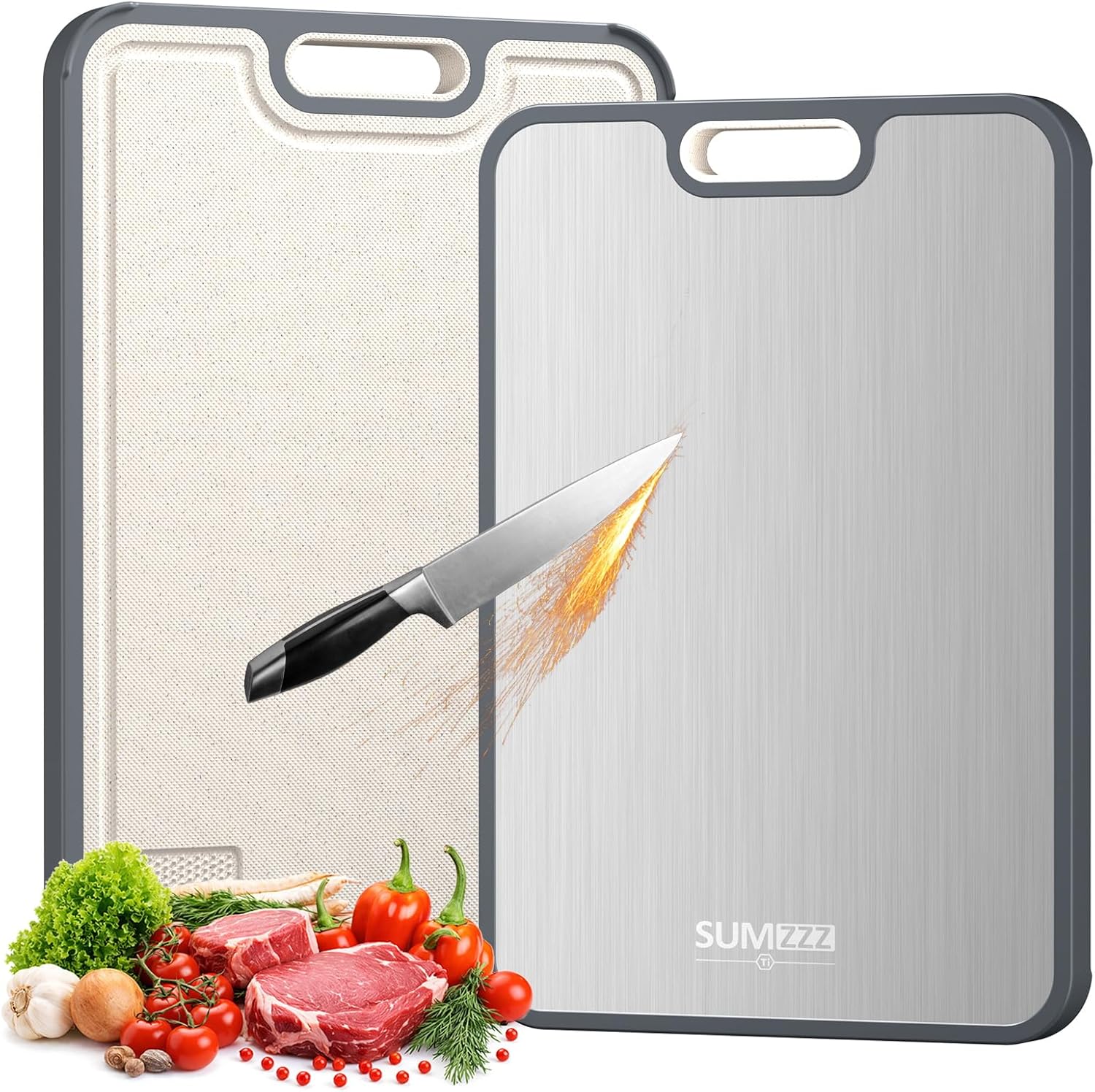 Sumzzz Titanium Cutting Board for Kitchen, Non Toxic 2-in-1 Cutting Board Double Sided Food Grade PLre Titanium, Knife Friendly Easy to Clean Large Size 15”×10.3”