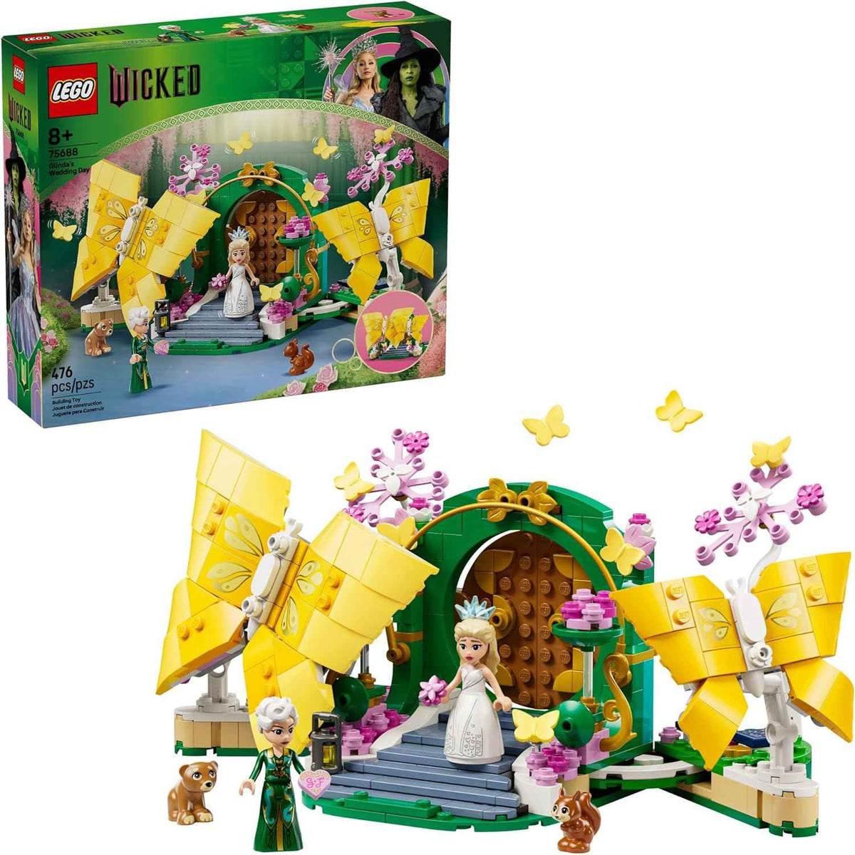 LEGO Wicked Glinda's Wedding Day Building Toy - Pretend Playset with 2 Minidolls, 2 Animal Toy Figures, & 2 Poseable Butterflies - Building Blocks for Kids, Ages 8+ - Gift for Girls & Boys - 75688