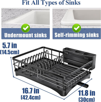 SNTD Dish Drying Rack for Kitchen Counter - Large Dish Rack with Drainboard, Rustproof Dish Drainer with Utensil Holder for Sink, Black