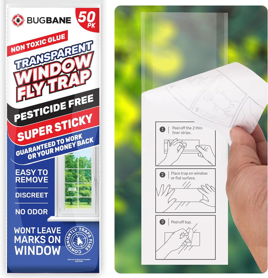 50 Window Fly Traps Sticky Non-Toxic Clear Fly Paper Indoor for Home. No Mess Flies Window Sticky Traps Bug Flies Strips Indoors. Fruit and Housefly Trap Indoor Flypaper Tape Gnat Catcher Killer