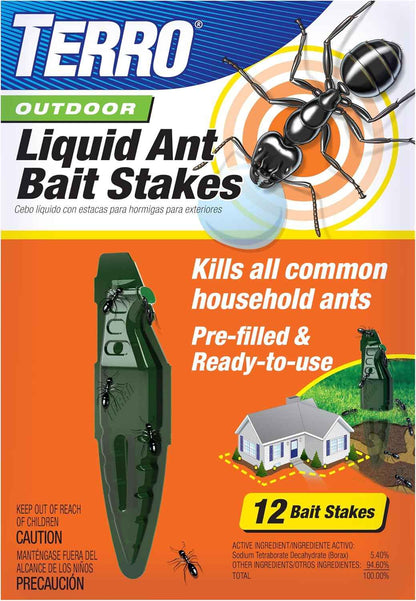 TERRO Liquid Ant Baits - T1813B - Outdoor Ready-to-Use Terro Ant Traps, Kills Household Ants, 12 Stakes