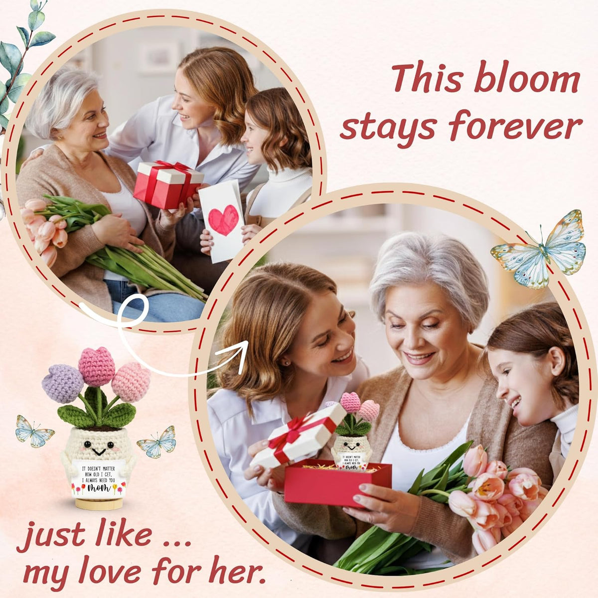 Gifts for Mom from Daughter Son - Cute Mothers Day, Birthday Gifts for Moms, Mother, Mama - 5.51'' x 4.13'' Mother's Day Knitted Positive Tulip Flowers Mom Crochet Doll