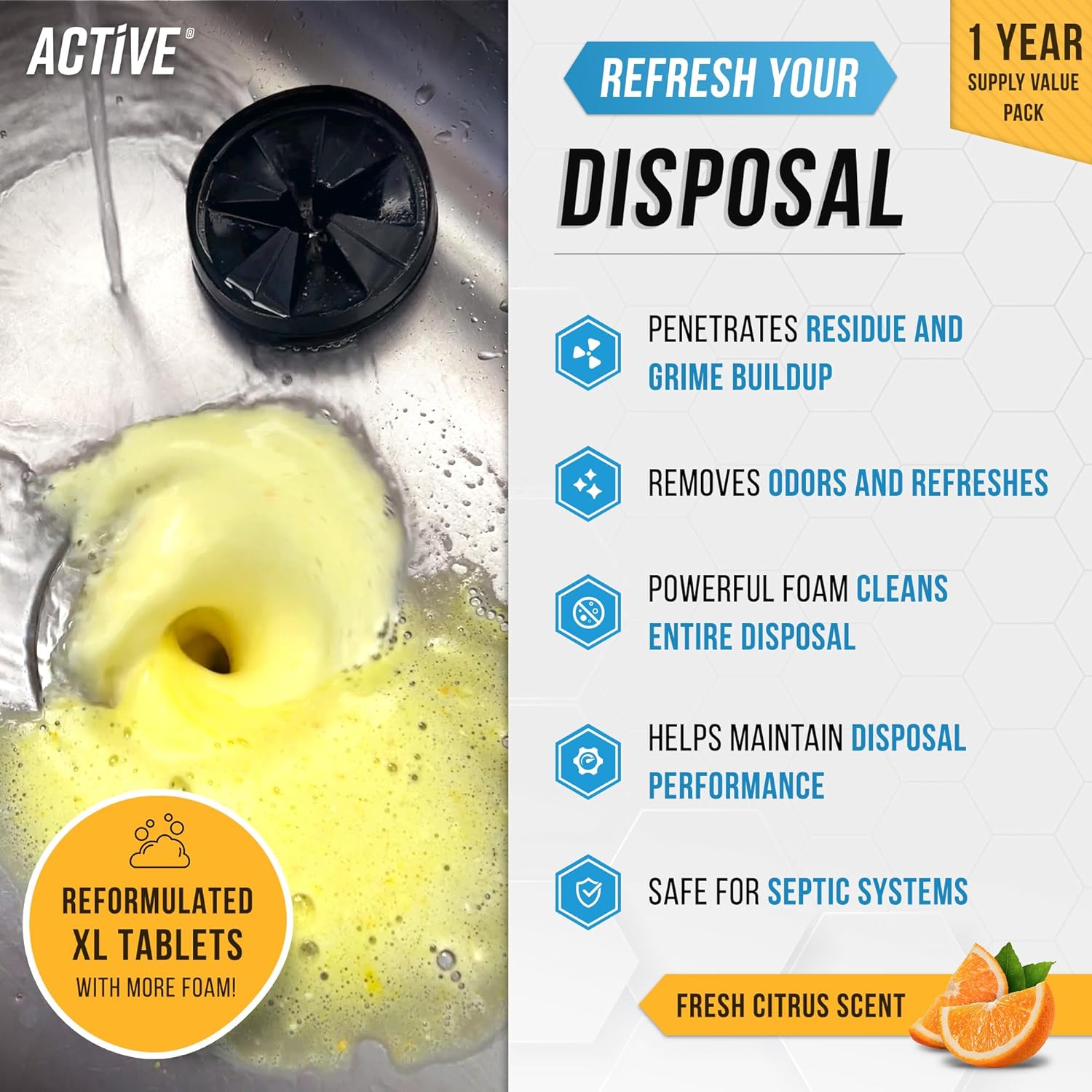 Garbage Disposal Cleaner Deodorizer Tablets - 24 Pack, New Powerful XL Foaming Tablet - Fresh Citrus Foam Sink Garburator Disposer Freshener, Natural Kitchen Drain Cleaning Care - 1 Year Supply - Zynora