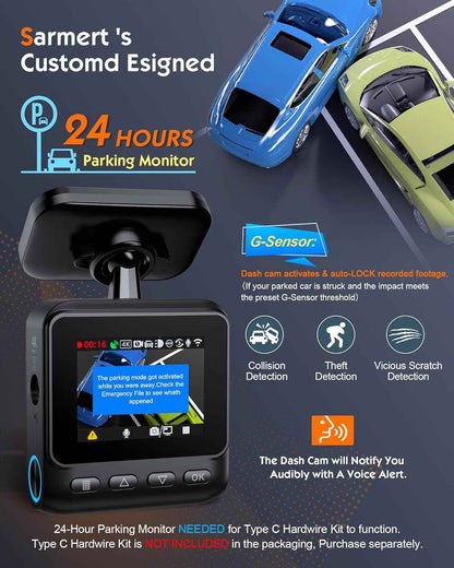 Sarmert C2 4K Dual Dash Cam Front and Rear - Built-in GPS and 5G WiFi, Free 64GB Card Included, 4K UHD Dash Camera for Cars, Night Vision, WDR, Loop Recording, App Control, 24H Parking Mode