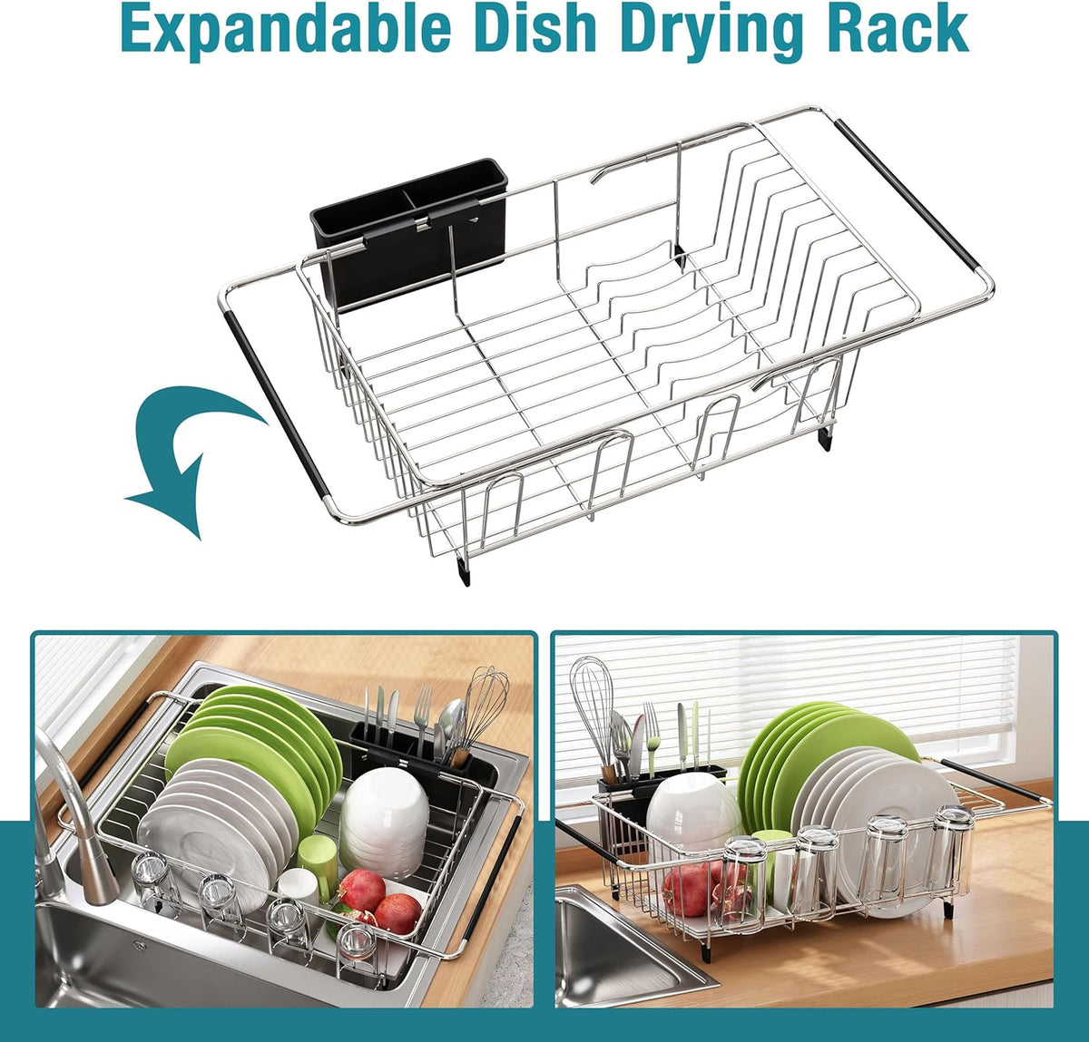 Dish Drying Rack in Sink, Expandable Stainless Steel Dish Drainers for Kitchen Counter, Dish Dryer Rack for Inside Sink, Over The Sink Dish Racks with Utensil Holder, Silver
