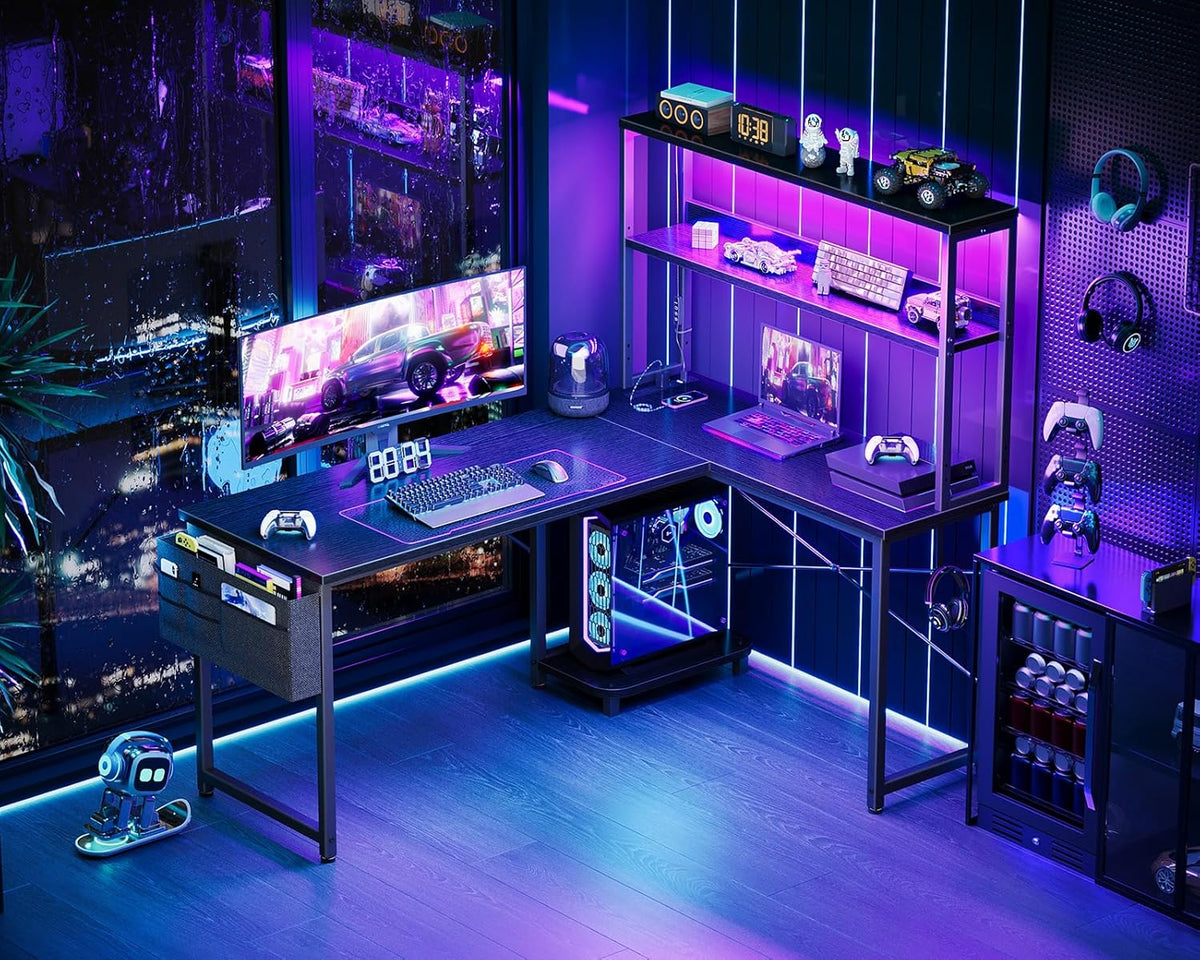 AODK L Shaped Desk Gaming Desk with LED Light & Power Outlet, 53 Inch Reversible L Shaped Computer Table with Shelf & Storage Bag & Hook for Home Office, Black