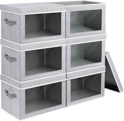 Storage Bins with Lids - Fabric Closet Storage Bins with Window, Collapsible Baskets for Shelves 4 Pack, Home Decorative Boxes for Clothes, Closet, Office, Grey