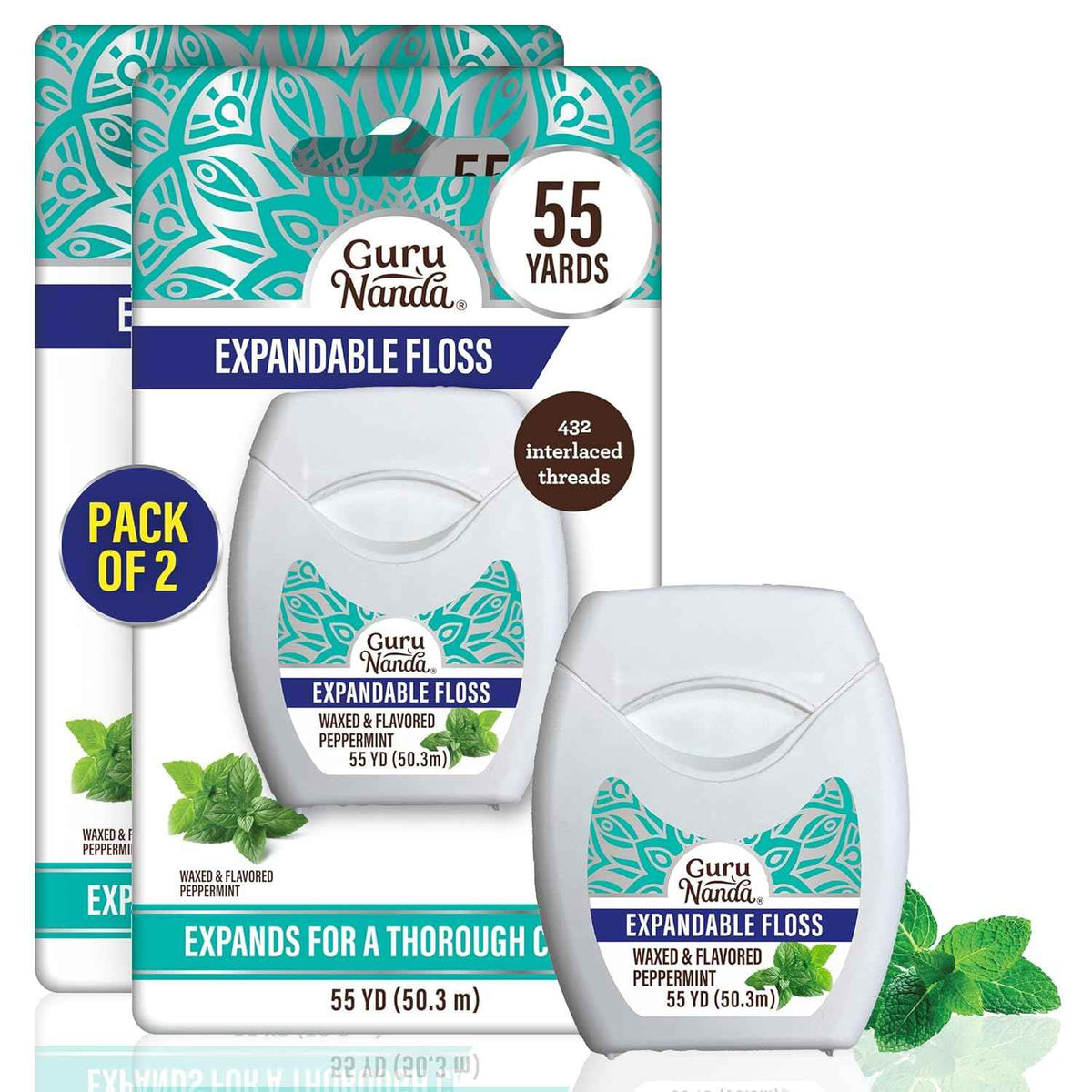 GuruNanda Expandable Waxed Dental Floss for Gentle, Deep Cleaning Wide Teeth Flossing - Cinnamon Flavor - 55 Yards