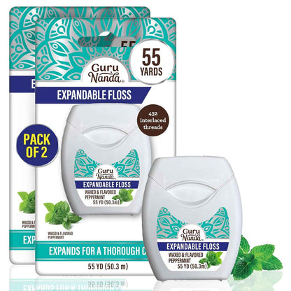 GuruNanda Expandable Waxed Dental Floss for Gentle, Deep Cleaning Wide Teeth Flossing - Cinnamon Flavor - 55 Yards