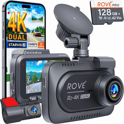ROVE R2-4K DUAL Dash Cam Front and Rear, STARVIS 2 Sensor, FREE 128GB Card Included, 5G WiFi - up to 20MB/s Fastest Download Speed with App, 4K 2160P/FHD Dash Camera for Cars, 3" IPS, 24H Parking Mode